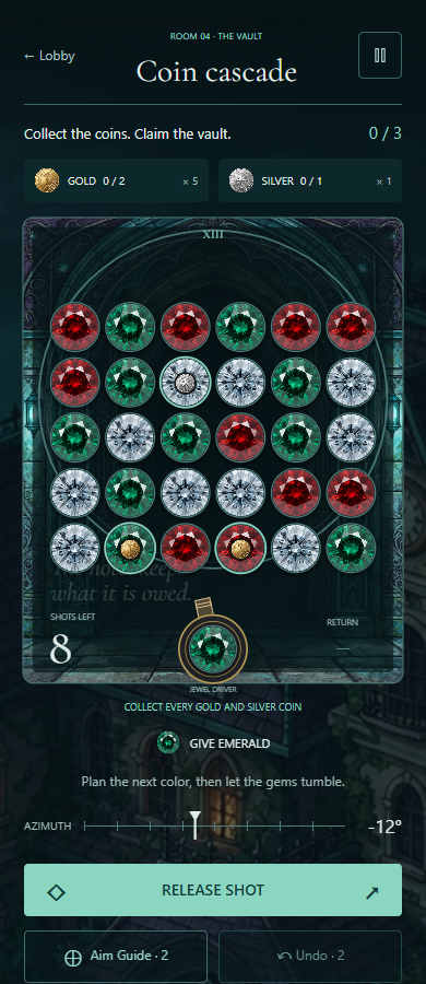 Coin Cascade room showing ruby, emerald, and silver gems above the launcher, with eight shots remaining