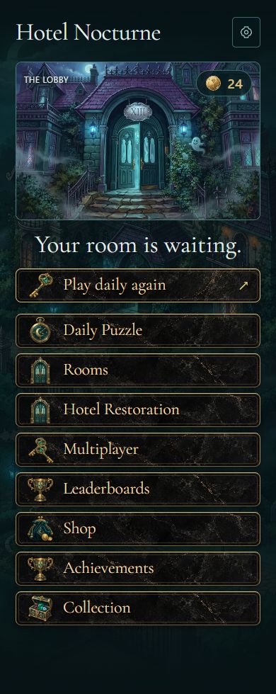 Hotel Nocturne's lobby with an illustrated mansion and dark marble-and-gold menu buttons