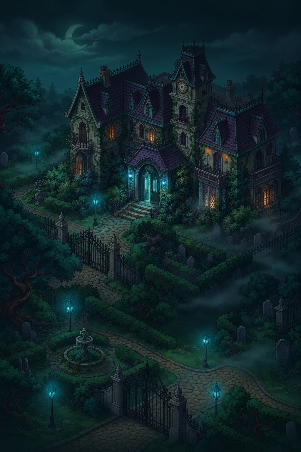 Hotel Nocturne's moonlit mansion, with turquoise lanterns beside a winding garden path